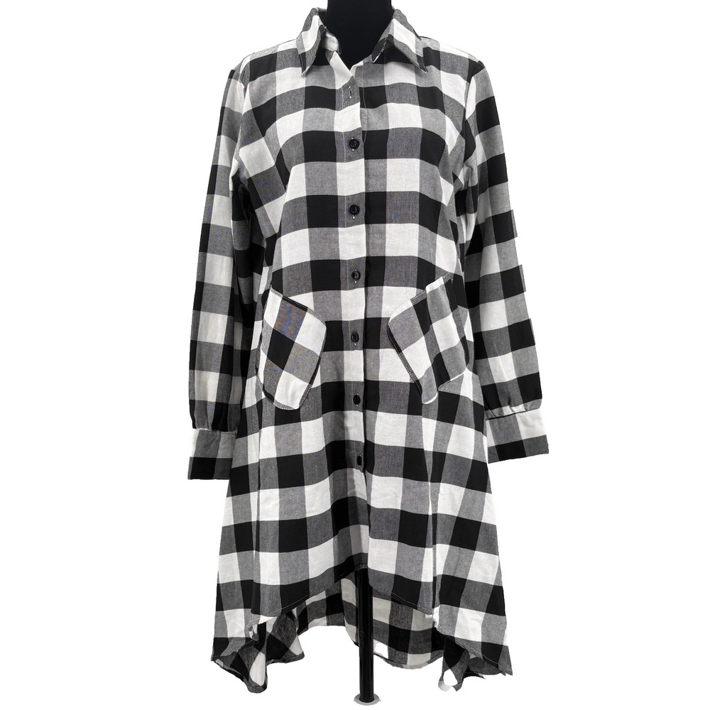 NWT Olrain Women Dress Small Black White Buffalo Plaid Shirt Dress Lagenlook Y2K
